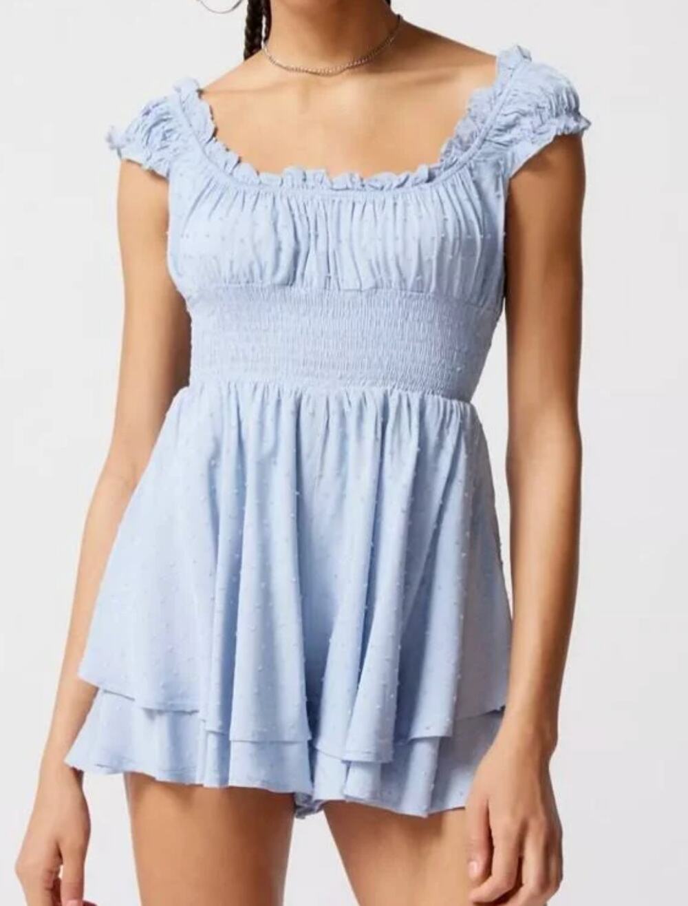 Urban Outfitters Rosie Smocked Cap Sleeve Mini Romper Blue XS